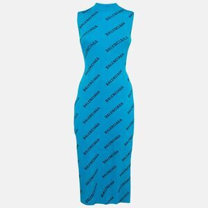 Balenciaga Blue Logo All-Over Rib Knit Midi Wrap Dress M